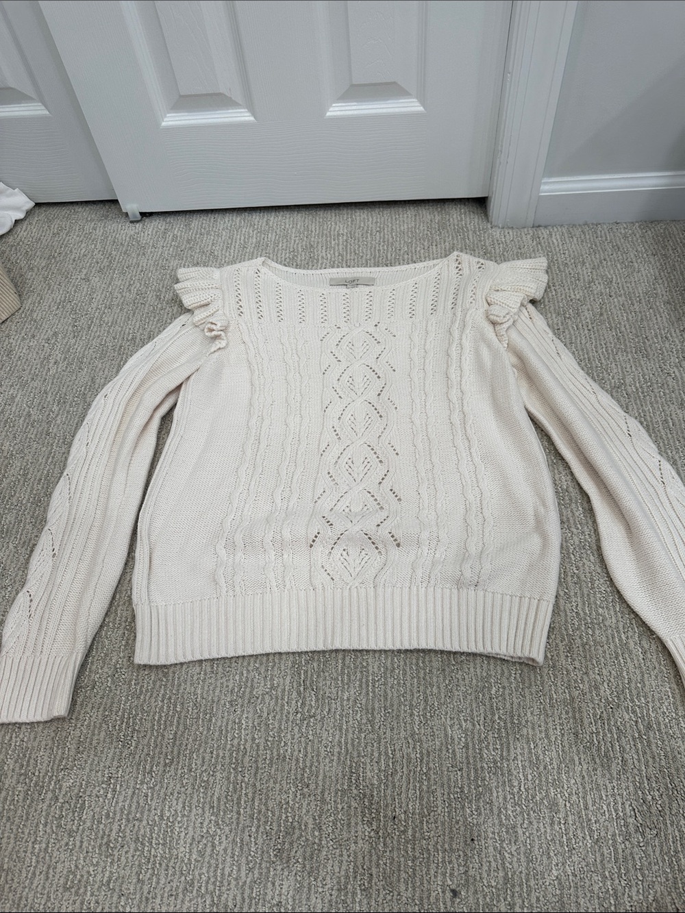 LOFT Cream Cable Knit Sweater with Ruffle Shoulders